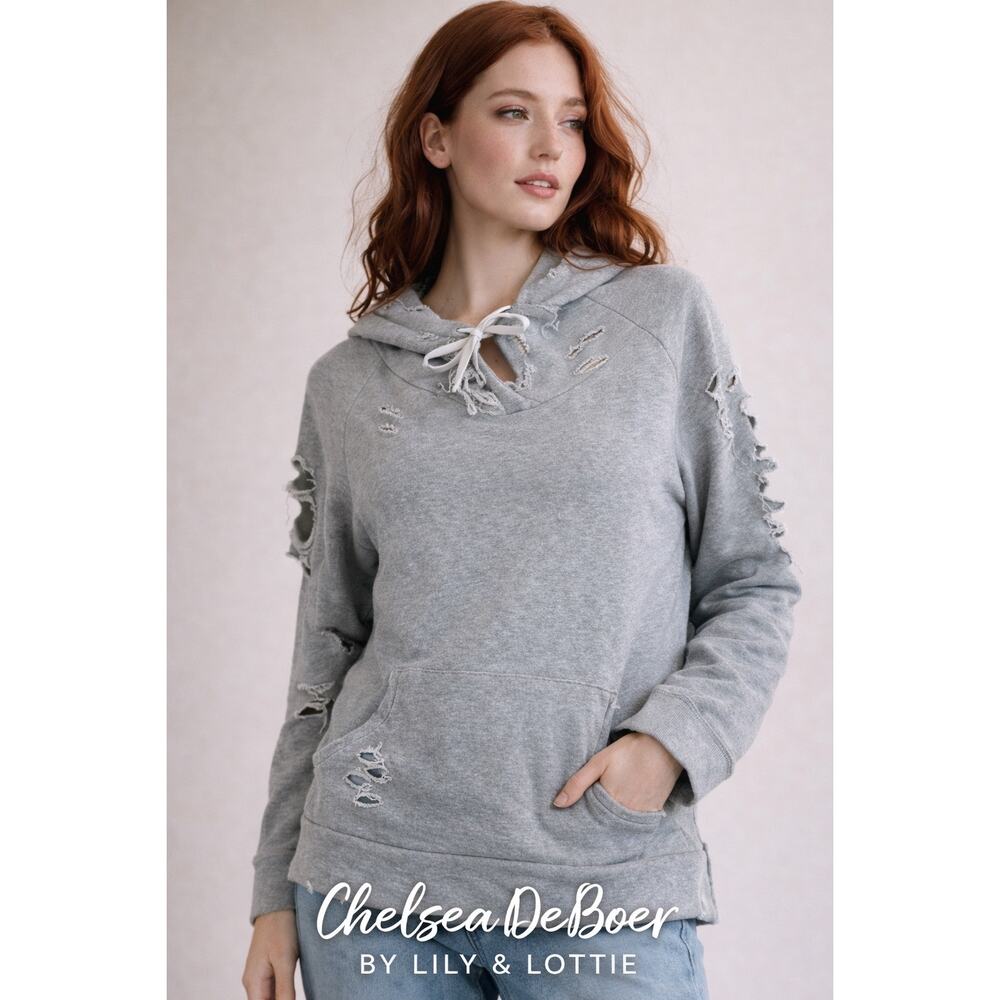 Chelsea Deboer Lily & Lottie Distressed Thrashed Grunge‎ Gray Hoodie Raw edge L
